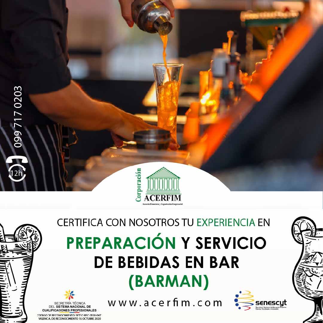 Preparación y servicio de bebidas en bar (barman)